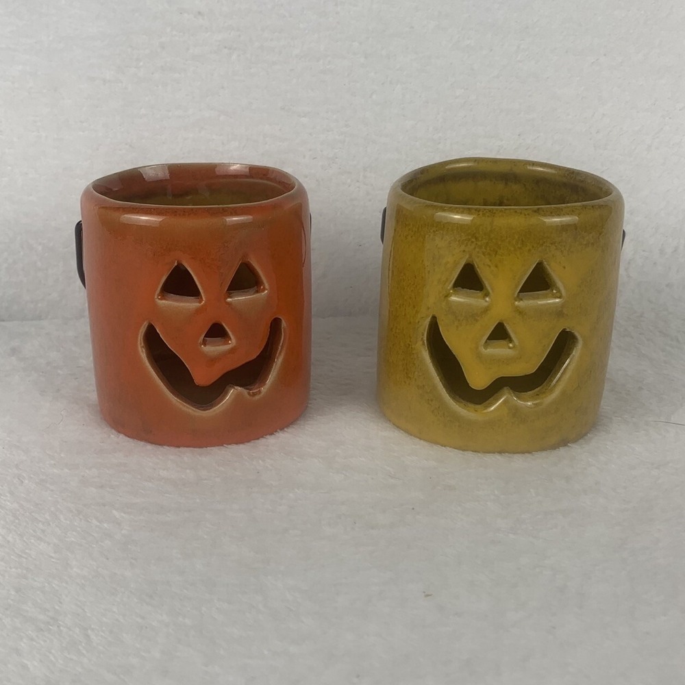Vintage Ceramic Votive Candle Holders Jack O Lantern Halloween Decor Set Of 2